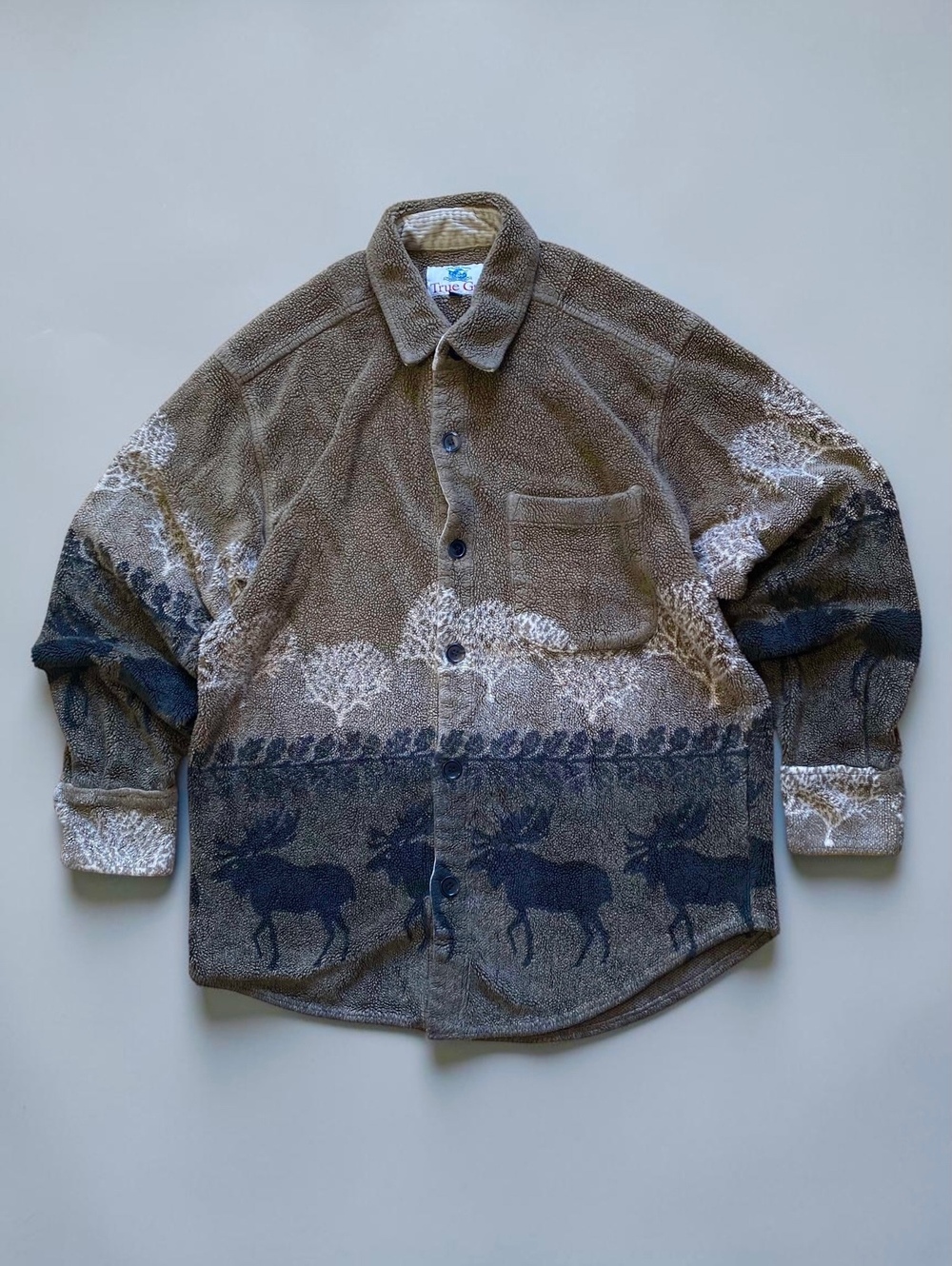 Vintage 90’s True Grit Sherpa Fleece Jacket Shirt Small Made in USA Moose Nature